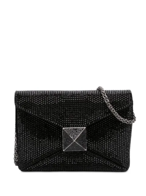 Valentino Garavani Pre-Owned 2018-2026 Small Crystal Embellished Suede One Stud Clutch with Chain crossbody bag Black G2BOLUVPOUFNYROU