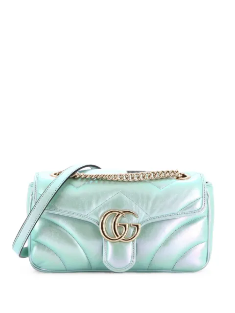 Gucci Pre-Owned GG Marmont Flap Bag Chevron Iridescent Leather Small shoulder bag Green 13JQEBBZF3YN0XRL