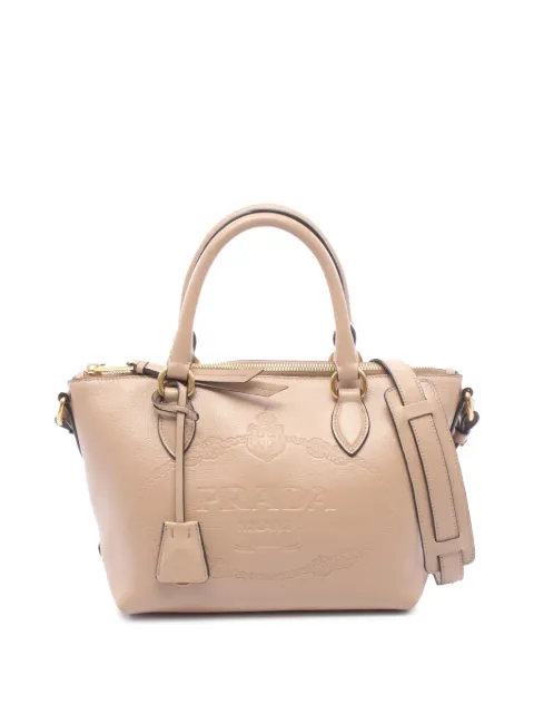 Prada Pre-Owned 2013-2026 Small Embossed Glace Calf Logo Convertible satchel Neutrals OQ4SDXDQ5MRLHY4N