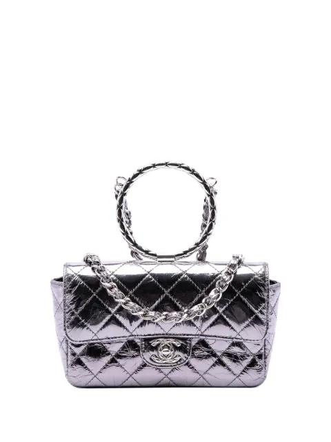 CHANEL Pre-Owned 2020 Mini Quilted Metallic Calfskin Ring Top Handle Flap satchel Silver SRFL1MOHPIFJK9QW