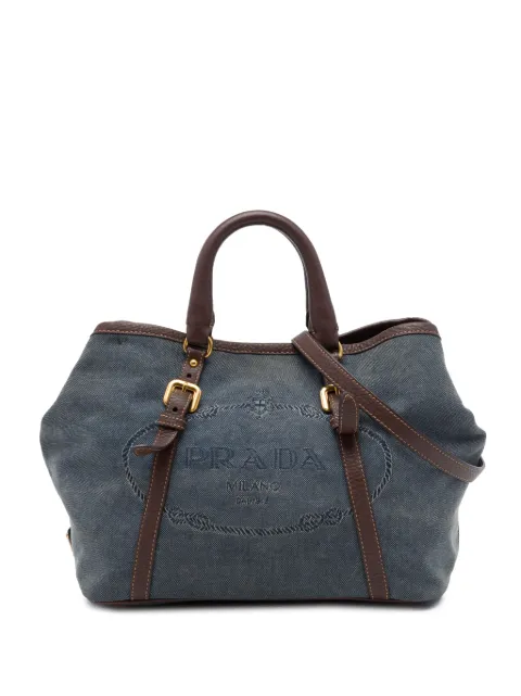Prada Pre-Owned 2010-2026 Vitello Daino Trimmed Canvas Canapa Logo satchel Blue PNQM0USRFUJ1DM2U