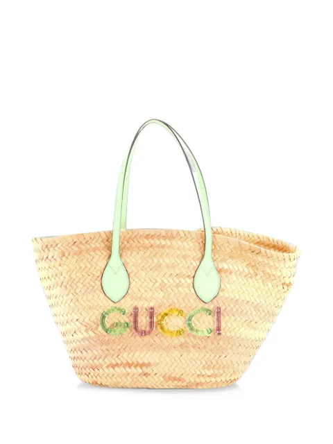 Gucci Pre-Owned Logo Open Woven Raffia Small tote bag Green VQNZC39YDO1ON6SX
