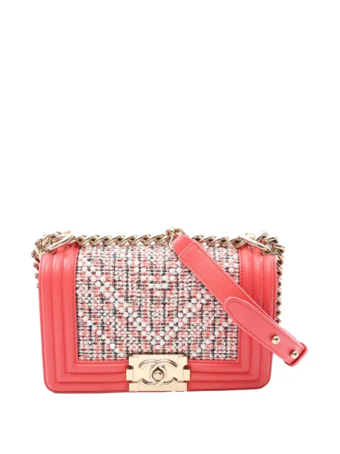 CHANEL Pre-Owned 2019 Small Chevron Tweed and Lambskin Pearl Boy Flap crossbody bag Pink 6RSKT4FAMK2R86AO