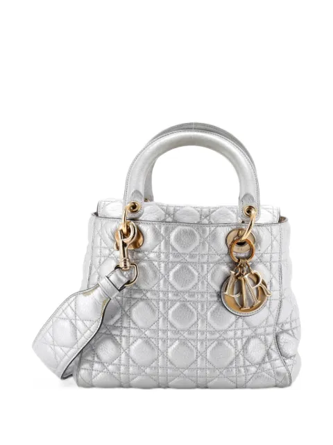 Christian Dior Pre-Owned Lady Dior Bag Cannage Quilt Grained Calfskin Medium satchel Silver V5JM89273YZ3UFC6