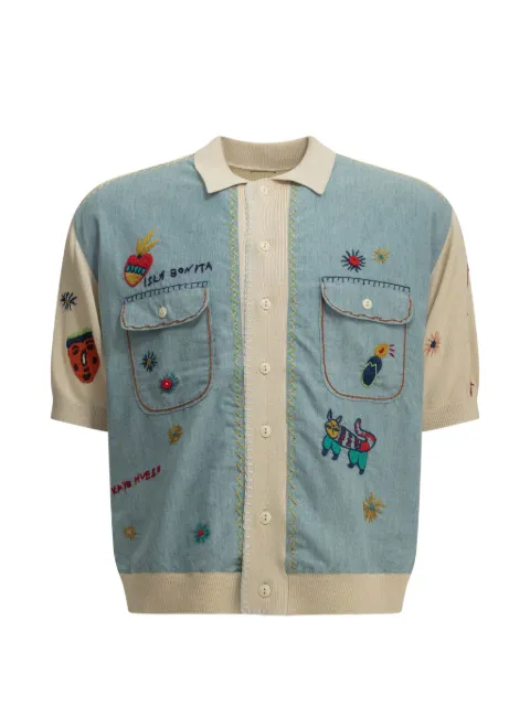 KAPITAL embroidered denim-panel polo shirt Neutrals K2605KN171