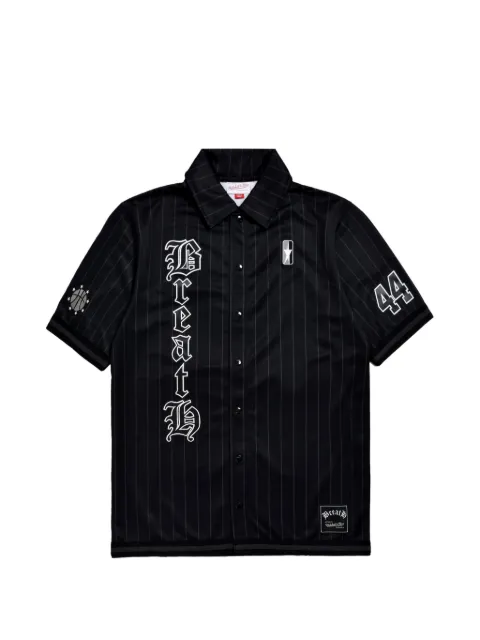BREATH x Mitchell & Ness pinstriped logo-print shirt Black BR24SSS2901BLK