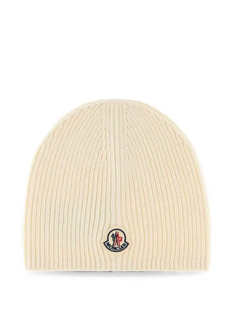 Moncler logo-patch ribbed-knit beanie hat Neutrals L20913B00081M1241