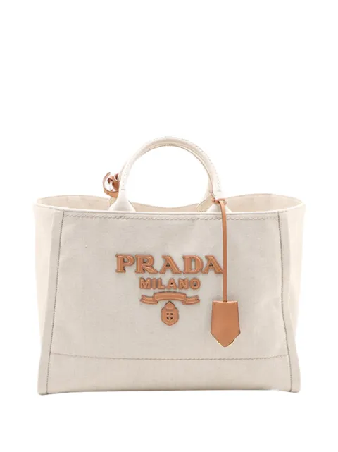 Prada Pre-Owned 2000-2013 Large Linen and Vitello Logo tote bag Neutrals IH426Y0XULQ1VIIO