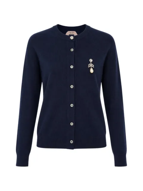 Nº21 pearl-brooch wool cardigan Blue PF26A04370816689