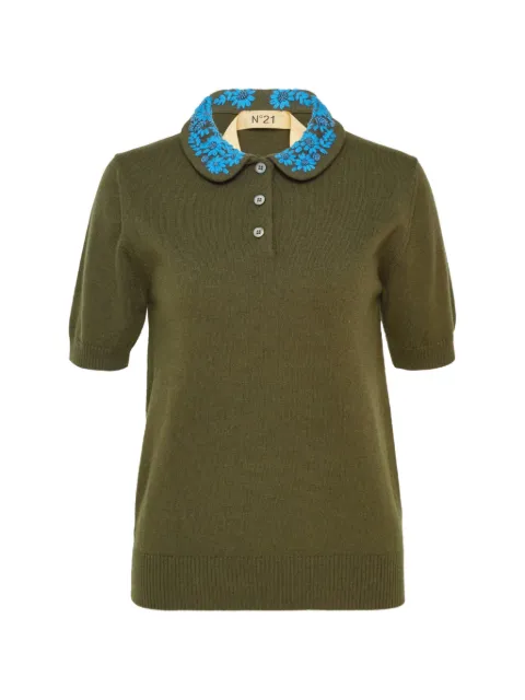 Nº21 floral-embroidered collar polo shirt Green PF26A03890045791