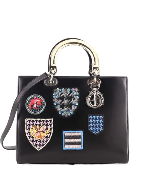 Christian Dior Pre-Owned Lady Dior Bag Patch Embellished Leather Large satchel Black XOPI7RKGWFPYTIUS