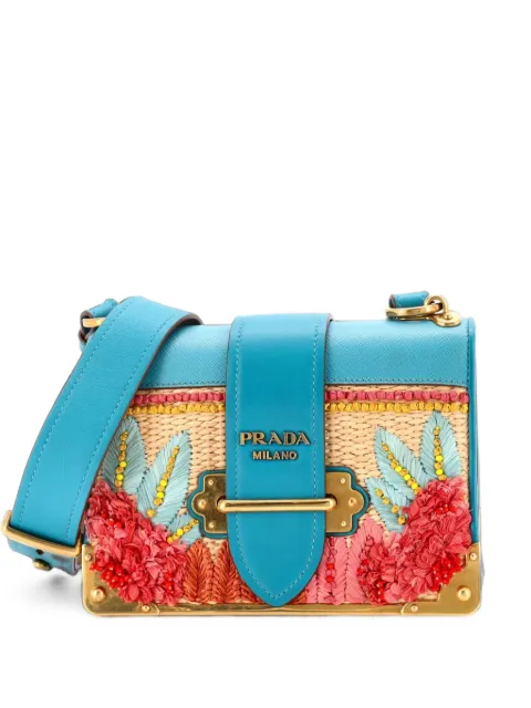 Prada Pre-Owned Cahier Crossbody Bag Embroidered Straw with Leather Small shoulder bag Blue 0P0491S3L9YNJ2EW