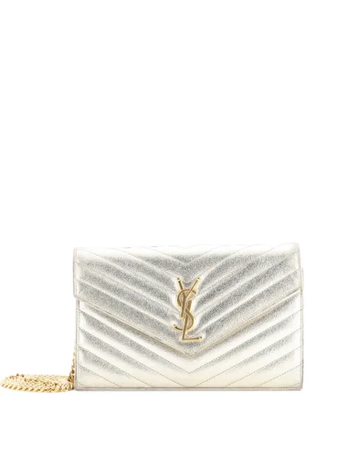 Saint Laurent Pre-Owned Classic Monogram Wallet on Chain Matelasse Chevron Metallic Leather Medium crossbody bag Silver HZSJE04SIU6U5891