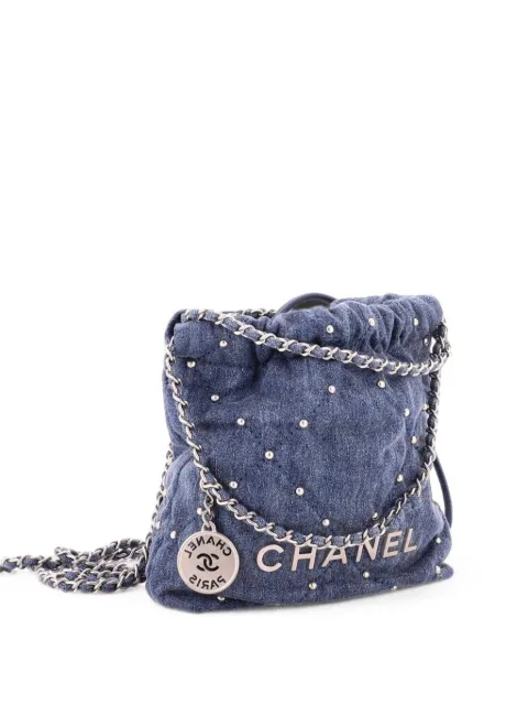 CHANEL Pre-Owned 22 Chain Quilted Studded Denim Mini hobo bag Blue S0JJNA3JVZYRNQJV