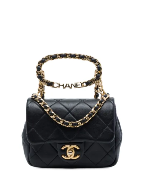 CHANEL Pre-Owned 2021-2026 Mini Quilted Lambskin Oval Logo Chain Top Handle Flap crossbody bag Black IHSM7XZFSZBF6UHS