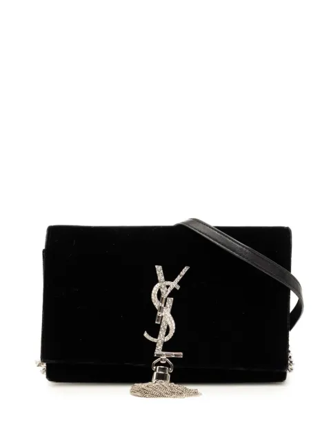 Saint Laurent Pre-Owned 2017 Velvet Crystal Monogram Kate Tassel Wallet on Chain crossbody bag Black H8MEULKFZY0DCMII