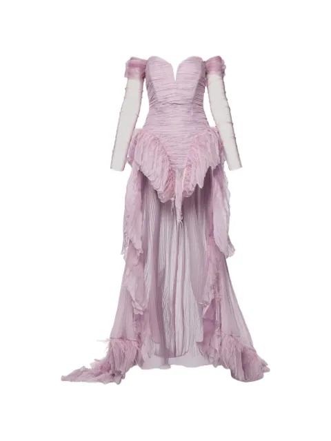 NORINA ST Diada feather-trim ruched maxi dress Purple DIADAFEATHERSDRESS