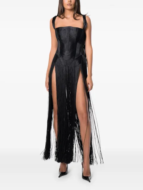NORINA ST fringe-trimmed corset maxi dress Black SWANDRESS