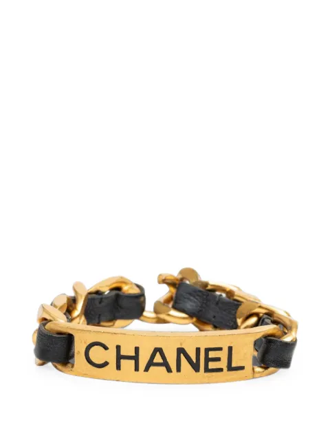 CHANEL Pre-Owned 1995 Gold Plated and Calfskin Logo Plate Chain Bracelet costume bracelet Black 9O229FS0SN8UE7GY