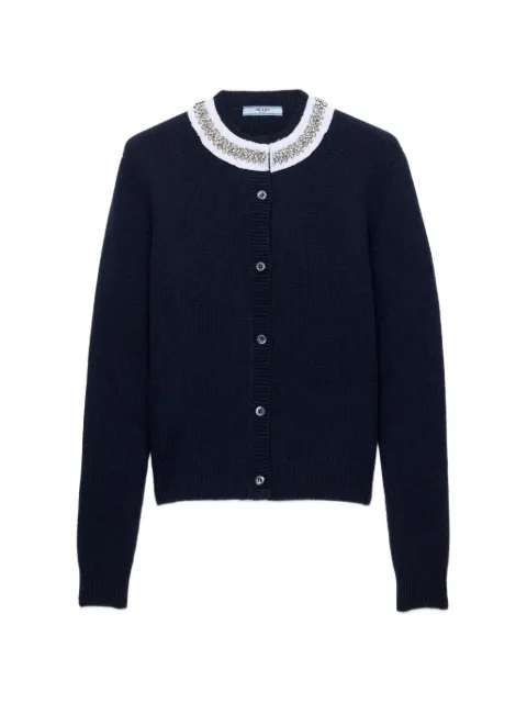 Prada crystal-embellished ruffled-collar cardigan Blue P25O51SOOO6556