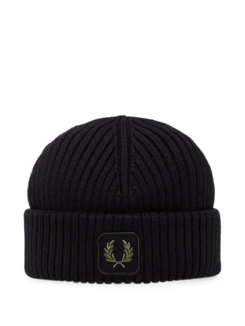 Fred Perry ribbed cotton beanie hat Black C1138