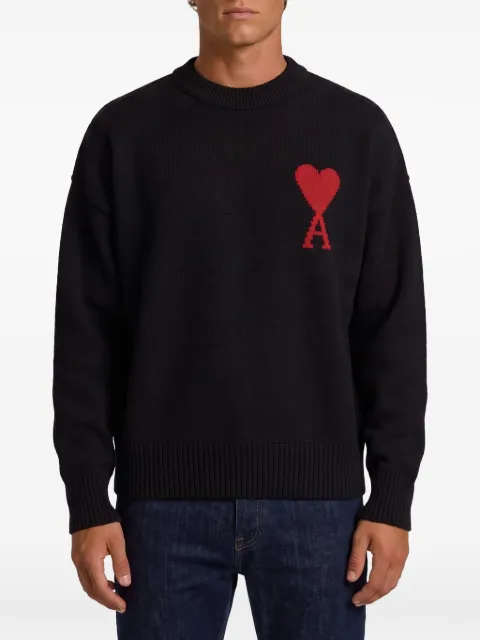 AMI Paris black crewneck wool sweater with Ami de Coeur Black UKS838018