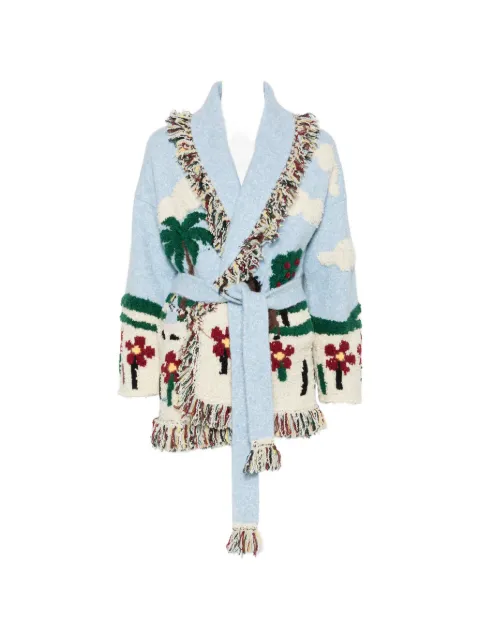 Alanui fringe-trim intarsia-knit cardigan Blue LWHB064E26KNI028