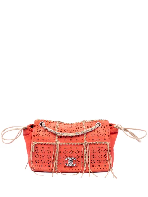 CHANEL Pre-Owned 2010-2011 Laser Cut Fringe Suede Flap shoulder bag Orange SHO4R6D4FW126F7C