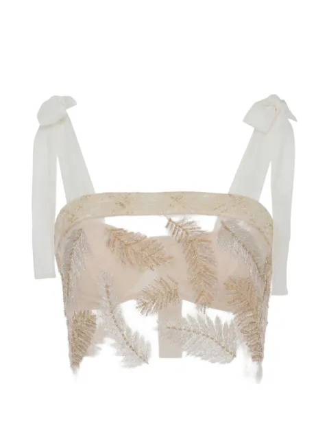 Elisabetta Franchi tulle and tweed top with feathers Neutrals TO08667E2