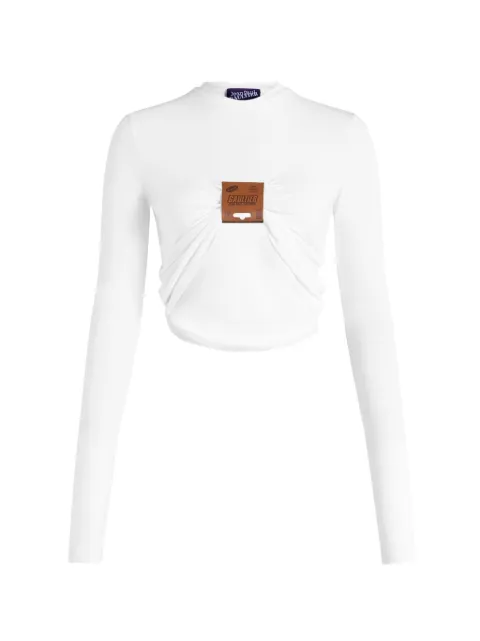 Jean Paul Gaultier stretch-viscose-jersey long-sleeves top with leather-tag detail White 2604WTO526J076