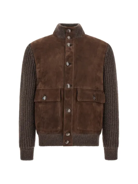 Brunello Cucinelli suede-panel ribbed-knit jacket Brown MPMVS2060CYD79