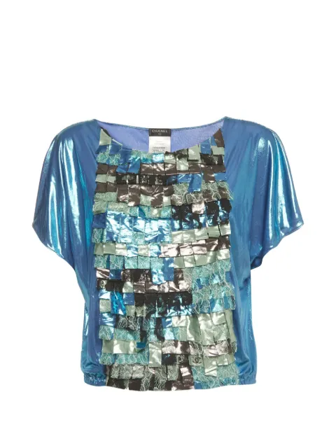 CHANEL Pre-Owned 2016 lace-panelled fringed blouse Blue 1407181