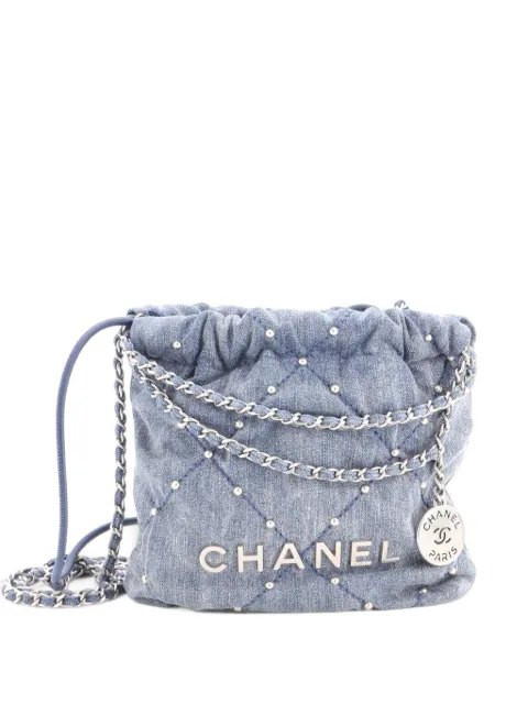 CHANEL Pre-Owned 22 Chain Quilted Studded Denim Mini hobo bag Blue MY1WGJJK0MOWNRYO