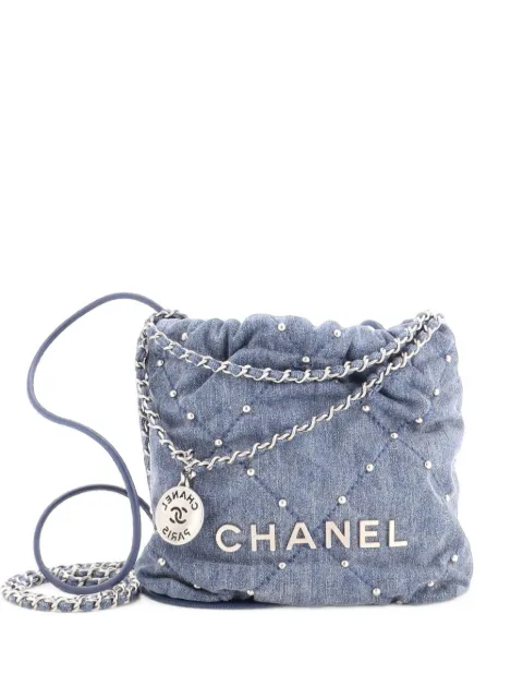 CHANEL Pre-Owned 22 Chain Quilted Studded Denim Mini hobo bag Blue YNI77668NU8ZZED5