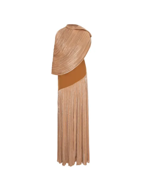 V:PM ATELIER Dusty pleated cape-effect maxi dress Brown DSTVPM