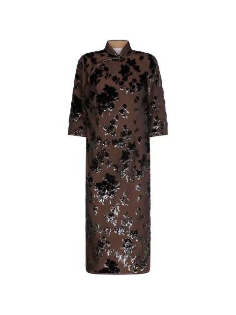 Pierre-Louis Mascia floral-velvet mandarin-collar dress Brown VEFIOUAB12962SEMORONERO