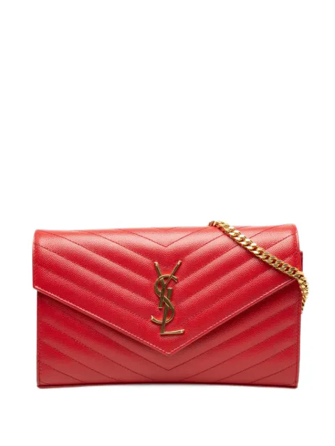 Saint Laurent Pre-Owned 2019 Grain De Poudre Chevron Monogram Envelope Wallet on Chain crossbody bag Red JC7SVYHF9TEH5UO4