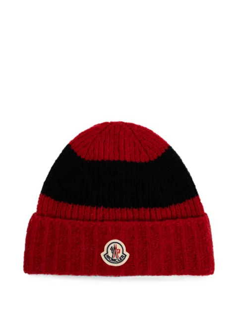 Moncler logo-patch striped beanie hat Red L20913B00068M7773