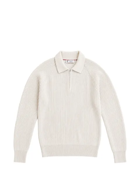 Brunello Cucinelli ribbed-knit long-sleeve polo shirt Neutrals M22700505CS120