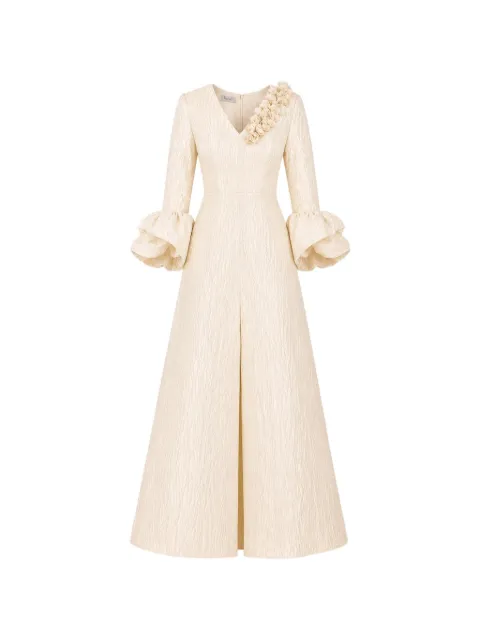 Baruni Fayha floral-embellished A-line maxi gown dress White PF2613