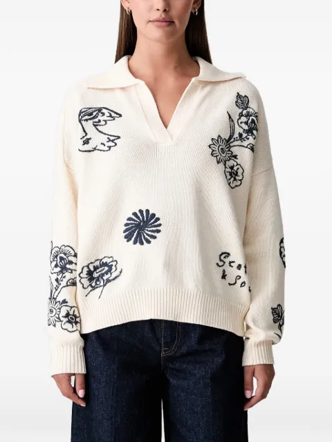 Scotch & Soda x Royal Delft floral-embroidered polo-collar sweater White U9B01610T