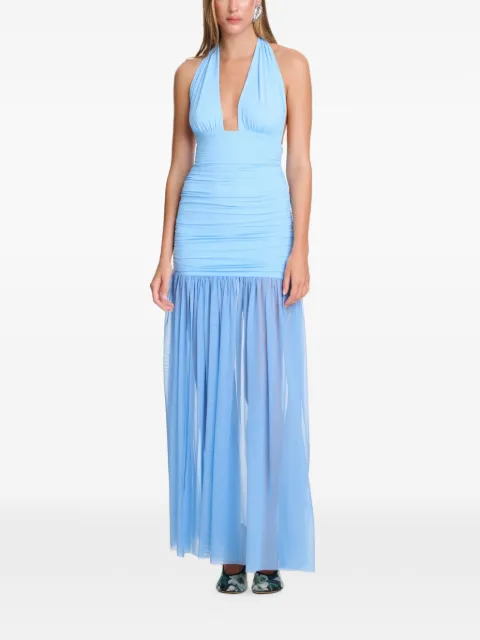 AXEL 113 Stasi ruched halterneck sheer-skirt flared maxi dress Blue STASILONGMESHDRESS
