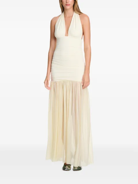 AXEL 113 Stasi ruched-body sheer-skirt fitted maxi dress Neutrals STASILONGMESHDRESS