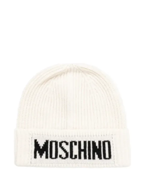 Moschino logo-intarsia ribbed-knit beanie hat Neutrals M587560808