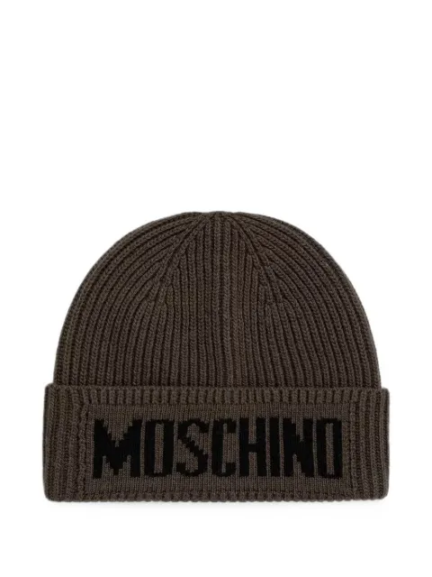 Moschino logo-intarsia ribbed-knit beanie hat Brown M587560808