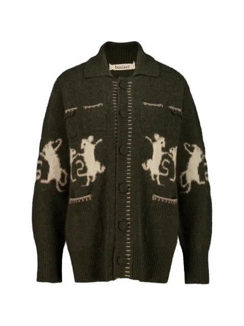 Baziszt mice-intarsia buttoned cardigan Green BZFW26CA03393