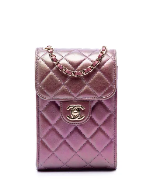 CHANEL Pre-Owned 2020 CC Quilted Iridescent Lambskin Phone Holder with Chain crossbody bag Purple QMCW00Z7QT71FMHB