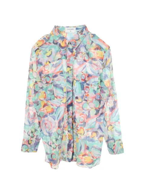 CHANEL Pre-Owned 1986-1988 Coco Mark watercolor shirt Green 1097693
