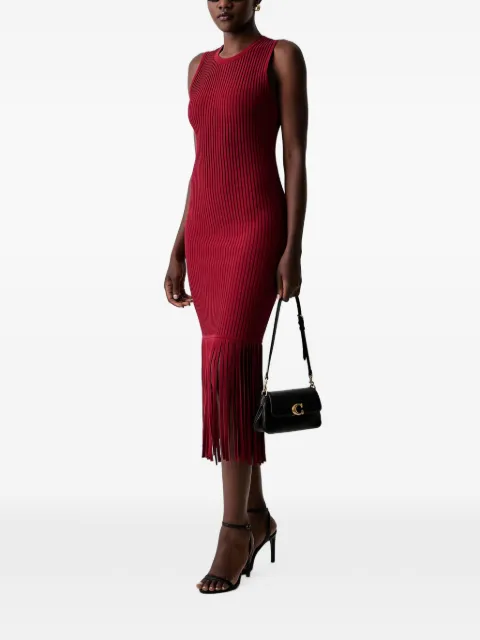 DKNY midi ribbed-knit fringe-trim dress Red P6EUAD33