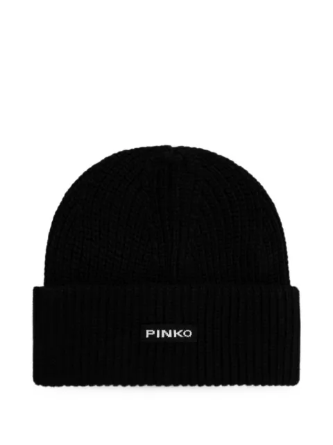 PINKO logo-patch ribbed-knit beanie hat Black 105993A3EI